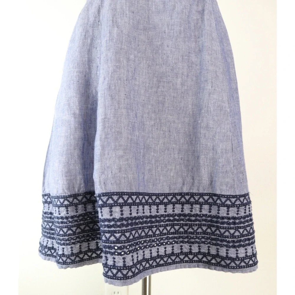 Tahari Size 4 Linen Sleeveless Shirt Dress Collared Embroidered Blue - Picture 8 of 12
